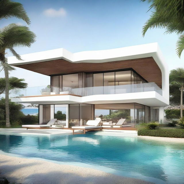 A beachfront villa with a modern-but-natural design, nestled into terraced contours. Two levels, each level is 60m2, situated on a 100m2 plot. The second floor features an elegant infinity pool and a handy carport.