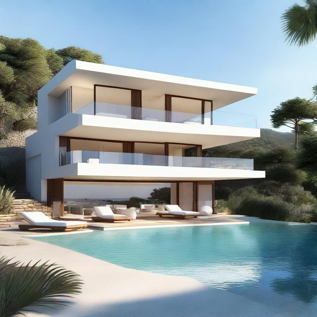 A beachfront villa with a modern-but-natural design, nestled into terraced contours. Two levels, each level is 60m2, situated on a 100m2 plot. The second floor features an elegant infinity pool and a handy carport.