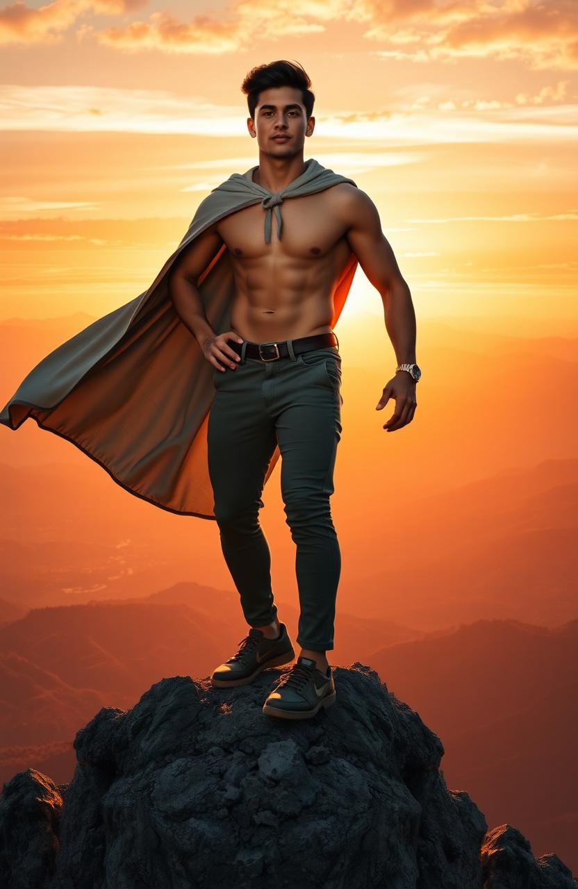 A powerful scene depicting a person standing triumphantly atop a mountain peak, symbolizing the conquest of their fears and insecurities