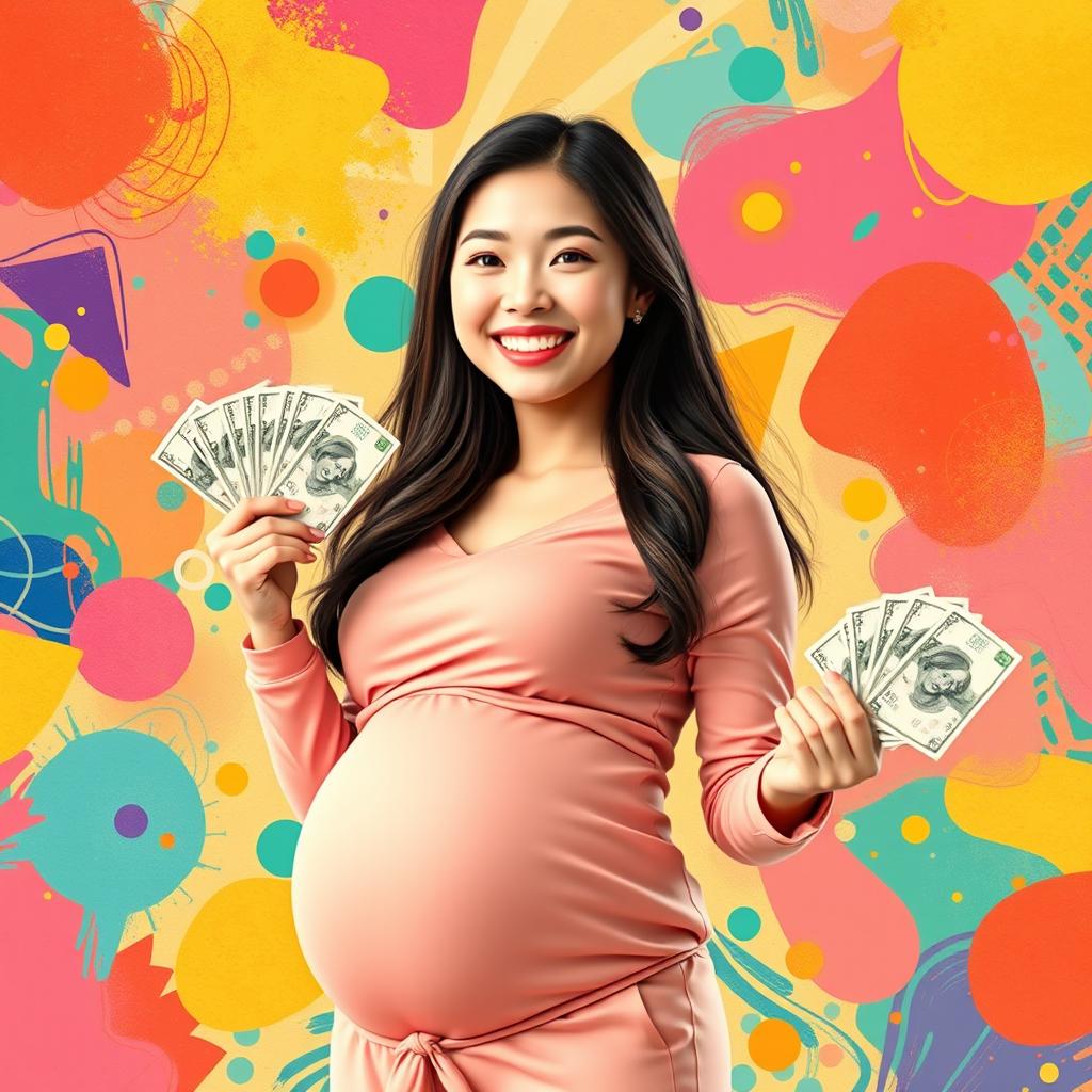 A vibrant digital artwork featuring a smiling pregnant Asian woman holding a bundle of money in one hand