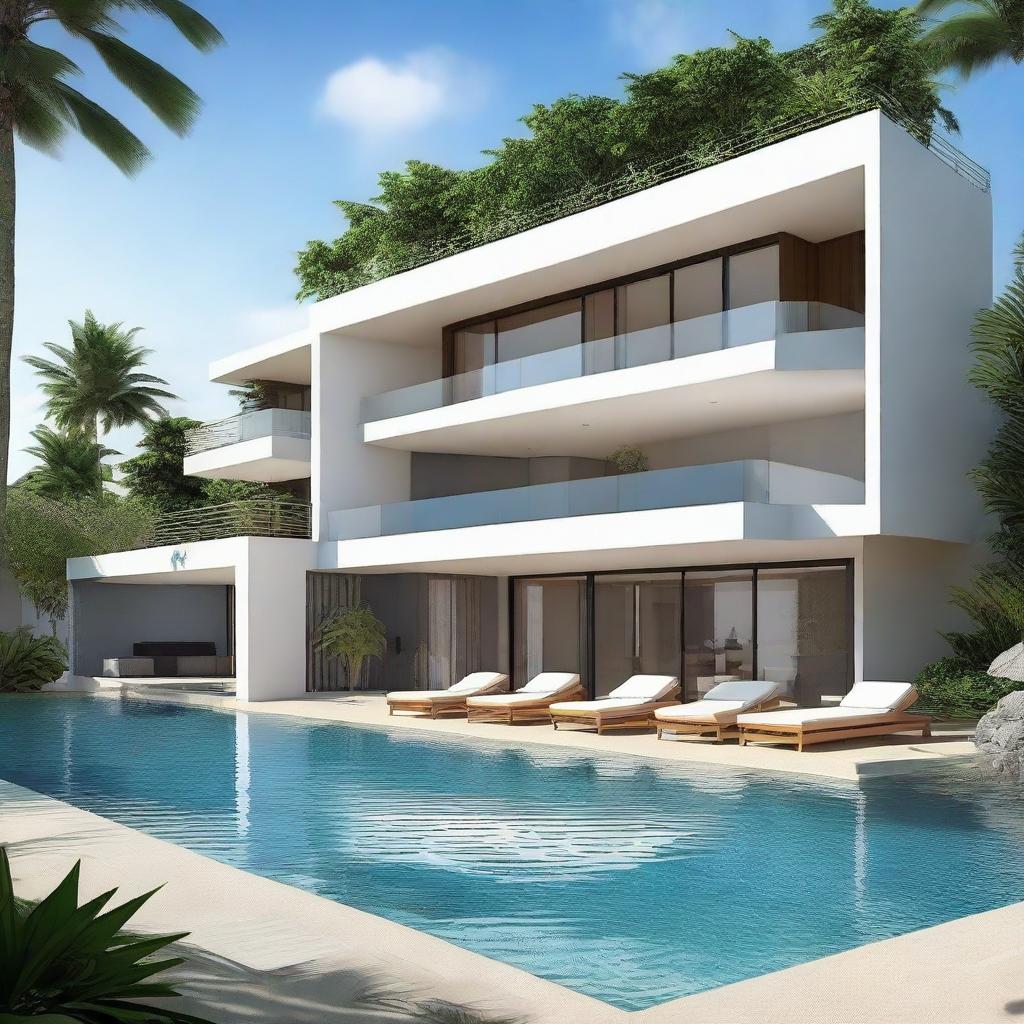 A beach view two-story villa cascading along terraced contours. Each floor measures 60m2 within a land area of 100m2. The second floor features an infinity pool and a carport.