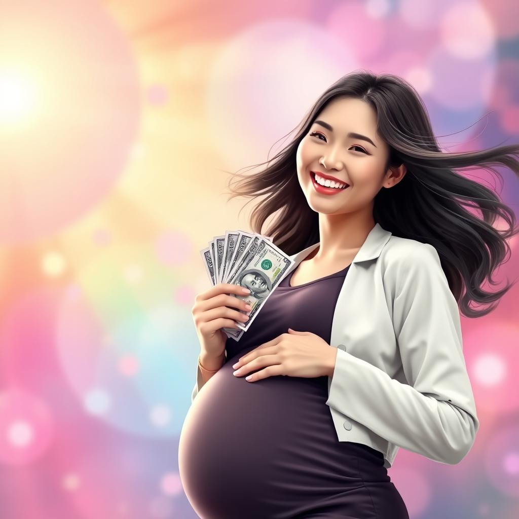 Digital art featuring a joyful pregnant Asian woman, holding a stack of money in one hand while smiling brightly