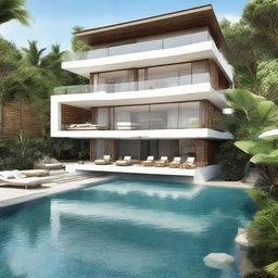 A beach view two-story villa cascading along terraced contours. Each floor measures 60m2 within a land area of 100m2. The second floor features an infinity pool and a carport.