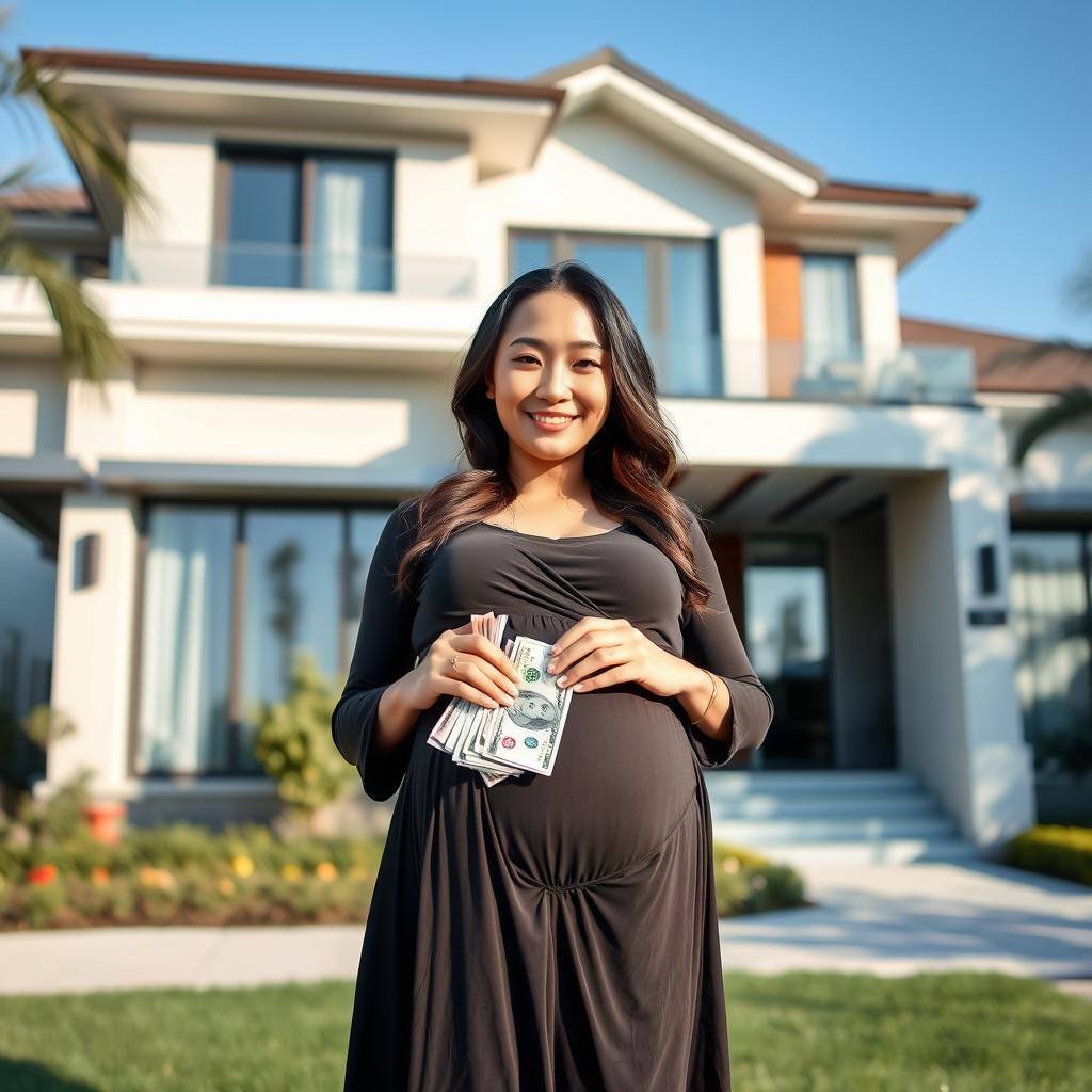A beautiful Asian pregnant woman with a serene expression, holding a stack of money in one hand and standing in front of a luxurious, modern home