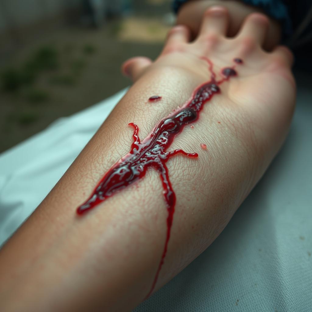 A realistic depiction of an injury on a human arm, showcasing detailed skin texture and blood effects