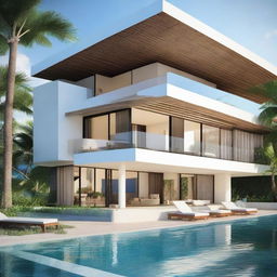 A beach view two-story villa cascading along terraced contours. Each floor measures 60m2 within a land area of 100m2. The second floor features an infinity pool and a carport.