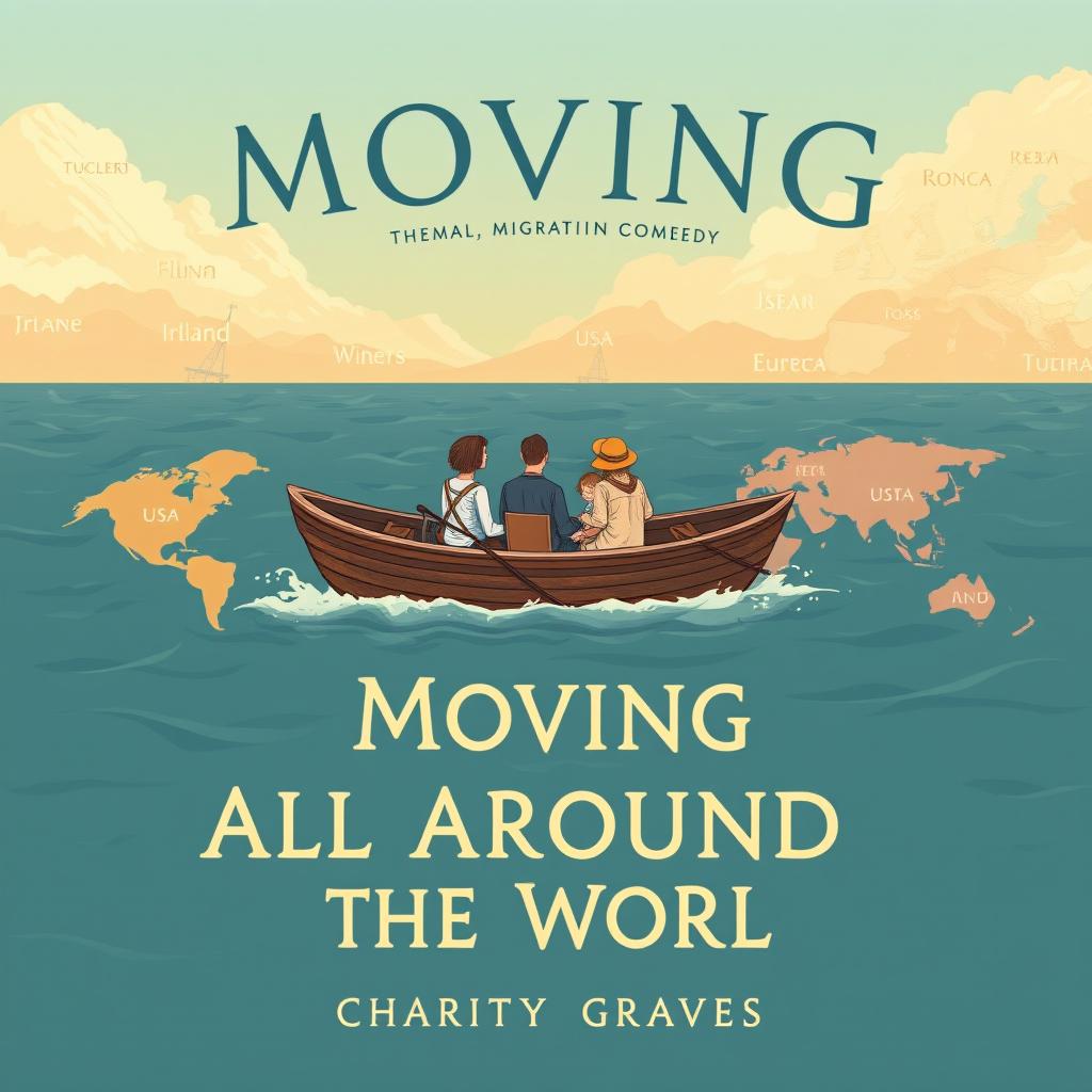 An illustrated book cover design for 'Moving All Around the World' by Charity Graves, encapsulating themes of drama, migration, and comedy in a non-fiction narrative