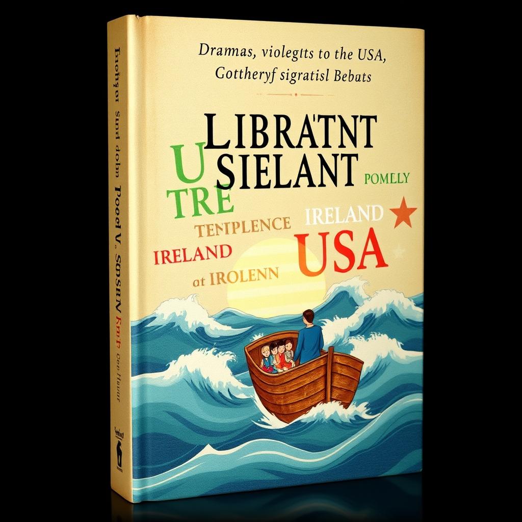 An illustrated book cover design featuring a vintage-style depiction of a boat in the middle of the ocean, with a family sitting on the boat, capturing a sense of travel and migration