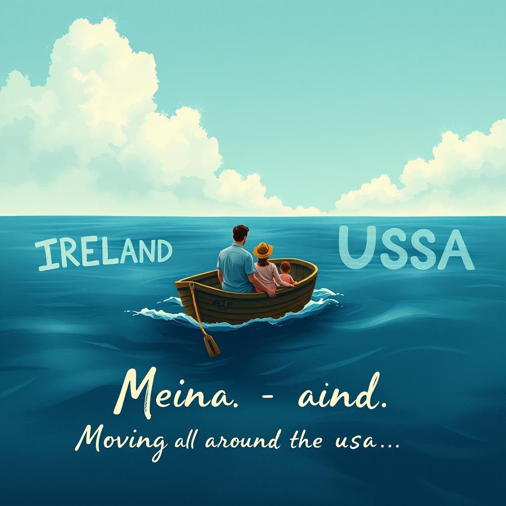 A captivating book cover design for a drama and migration story, featuring a family sitting on a boat in the middle of a vast ocean