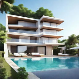 A beach view two-story villa cascading along terraced contours. Each floor measures 60m2 within a land area of 100m2. The second floor features an infinity pool and a carport.