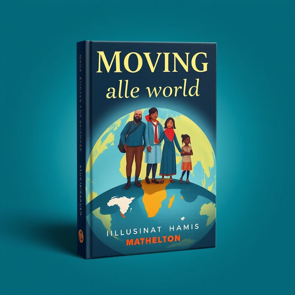 A visually striking book cover design for a drama and migration story, showcasing a family of four standing on a stylized Earth