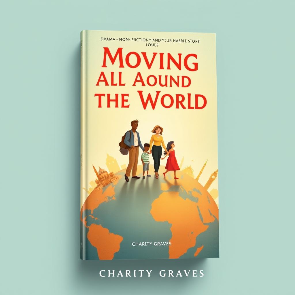 A book cover design for a drama-non fiction story about migration with the title 'Moving All Around the World' by author Charity Graves