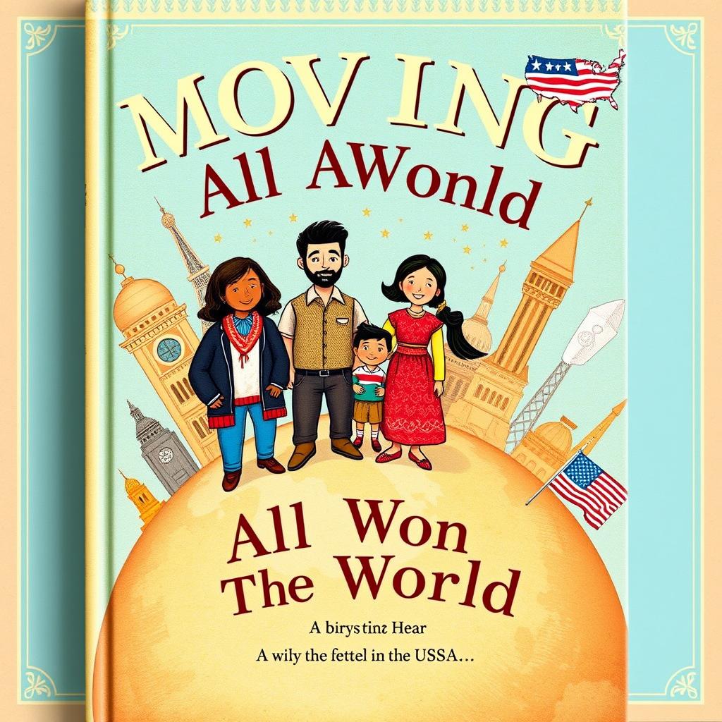 A vibrant and illustrated book cover design featuring a family of four standing on a stylized Earth, symbolizing their journey through various countries before settling in the USA