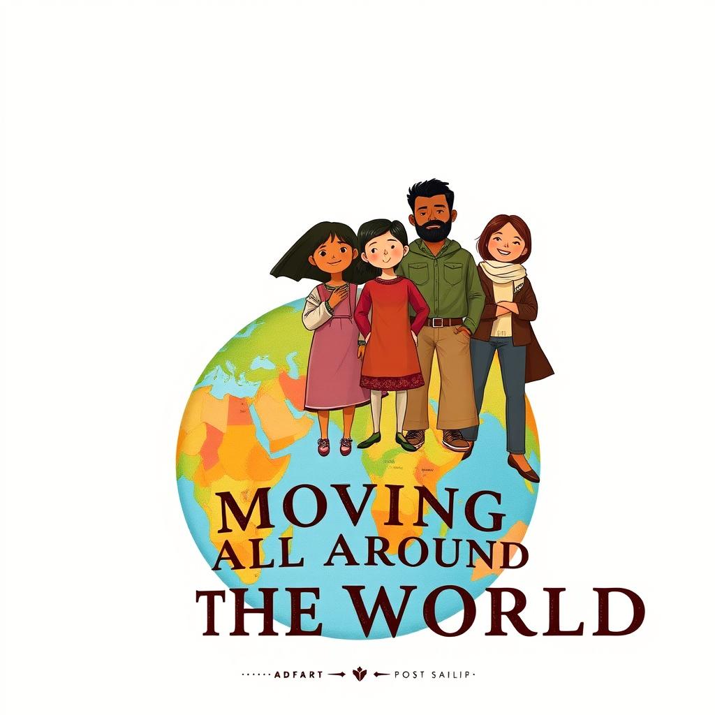A captivating illustrated book cover design depicting a diverse family of four, representing a blend of cultural backgrounds, standing confidently on a stylized Earth