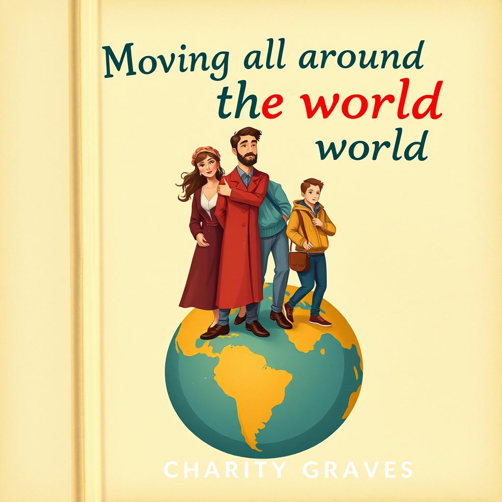 A captivating book cover illustration for a non-fiction drama about migration, featuring a family of four people who embody the journey of moving around the world, from Ireland to the USA