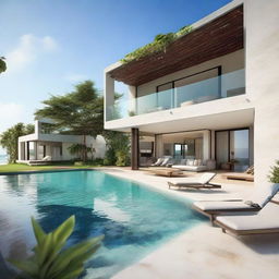 A terraced, beachfront villa with two floors, featuring a 60m2 living room on each floor and a relaxing rooftop space. Second floor adorned with a spacious balcony, an infinity pool, and a carport, with a garden occupying the remaining land on the first floor.