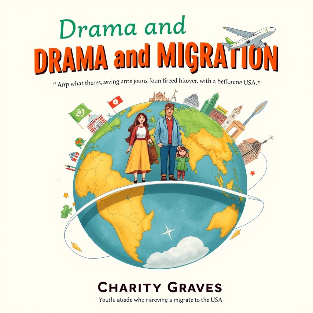 A book cover illustration featuring a vibrant and stylized Earth with a family of four, representing a diverse migration journey
