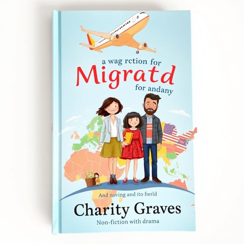 An illustrated book cover design for a non-fiction drama about migration, featuring a family of four standing on a stylized Earth, with depictions of various countries in the background symbolizing their migration journey from Ireland to the USA
