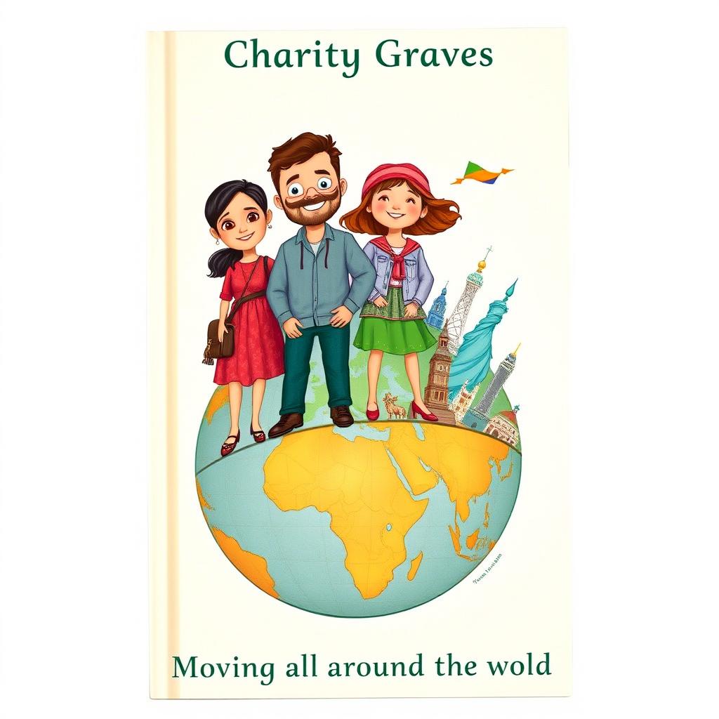 An illustrated book cover depicting a family of four who have journeyed from Ireland, represented as standing on a globe that symbolizes their travels and migration across various countries to ultimately settle in the USA