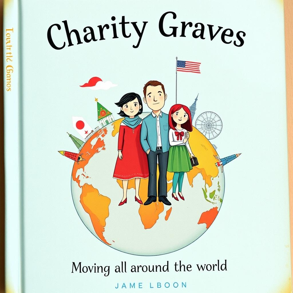 An illustrated book cover portraying a family of four originally from Ireland, standing on a stylized globe that symbolizes their migration journey through various countries, ultimately leading them to the USA