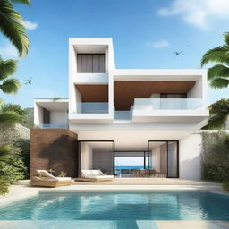 A terraced, beachfront villa with two floors, featuring a 60m2 living room on each floor and a relaxing rooftop space. Second floor adorned with a spacious balcony, an infinity pool, and a carport, with a garden occupying the remaining land on the first floor.