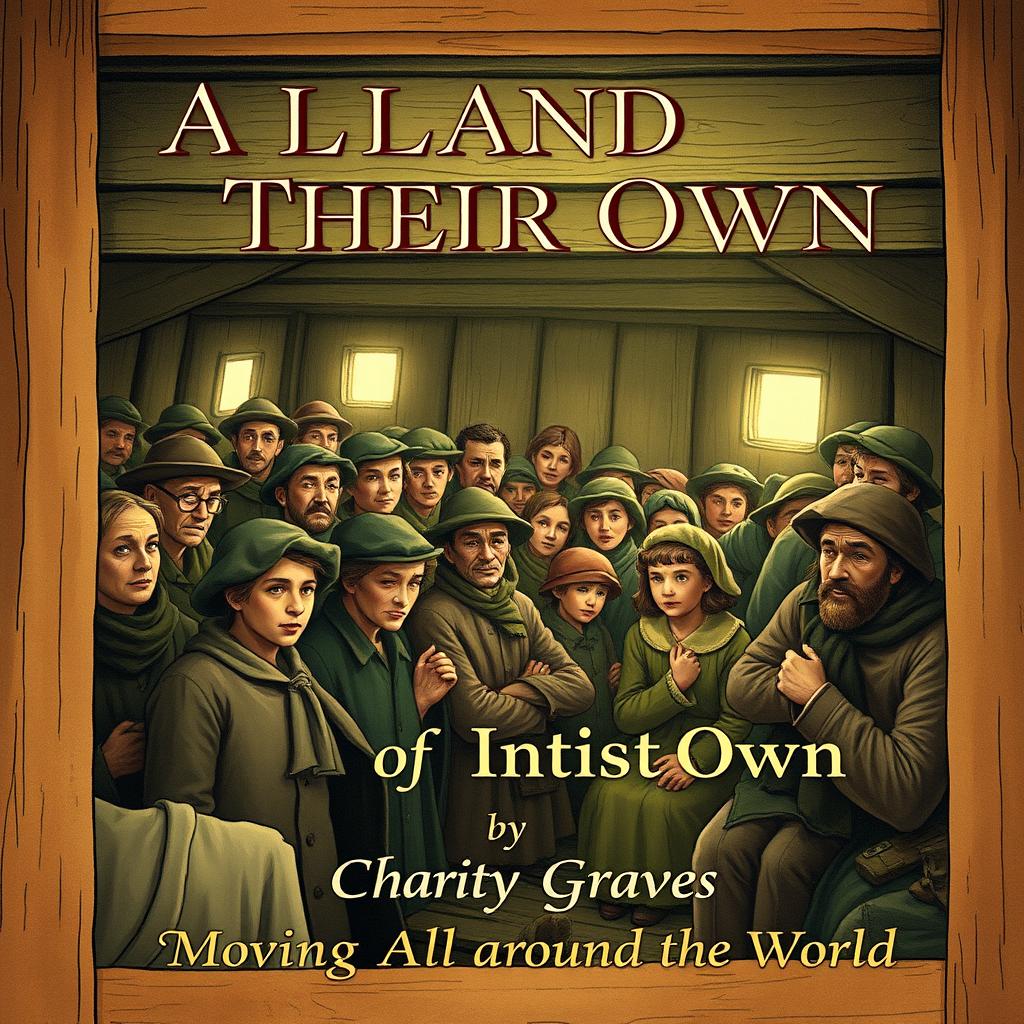 A vintage-style illustrated book cover featuring 19th-century Irish immigrants inside a dimly lit wooden ship