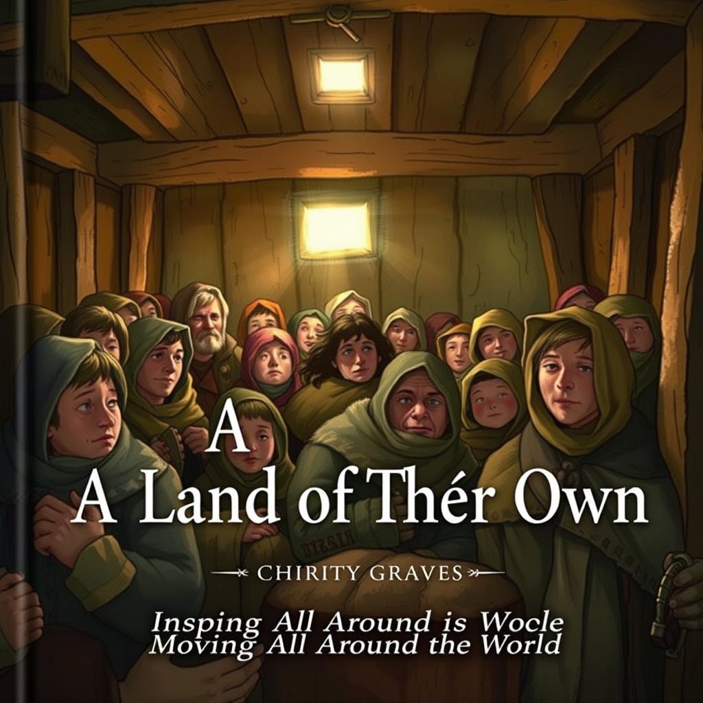 An illustrated book cover showcasing 19th-century Irish immigrants inside a dimly lit wooden ship