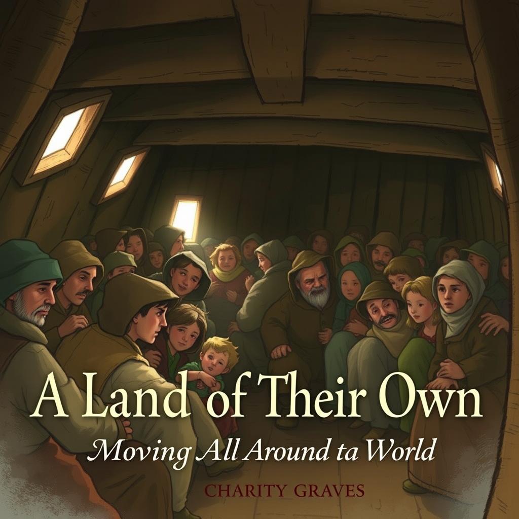 An illustrated book cover illustrating 19th-century Irish immigrants inside a dimly lit wooden ship