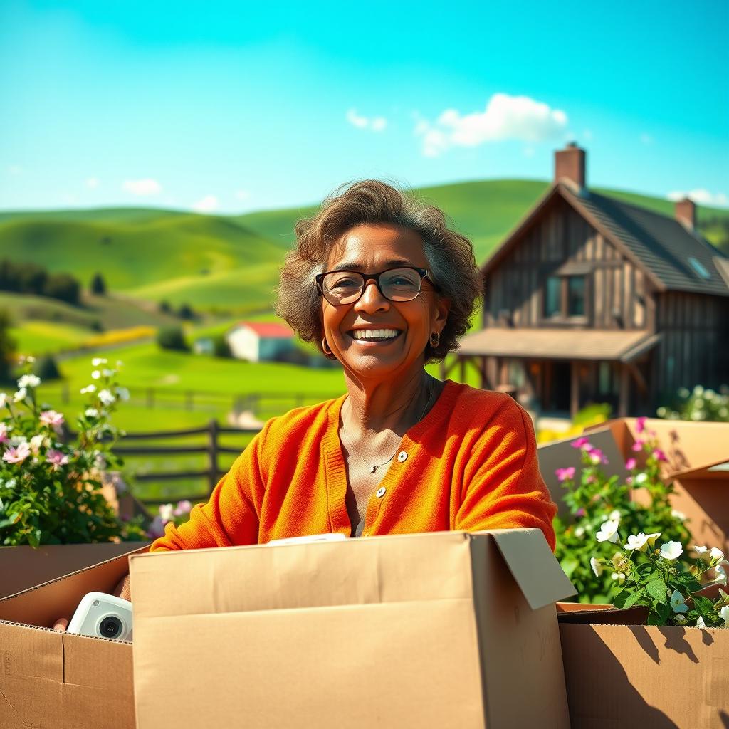 A joyful, older woman with brown skin and glasses, packing boxes for her move to a new house in a picturesque rural area