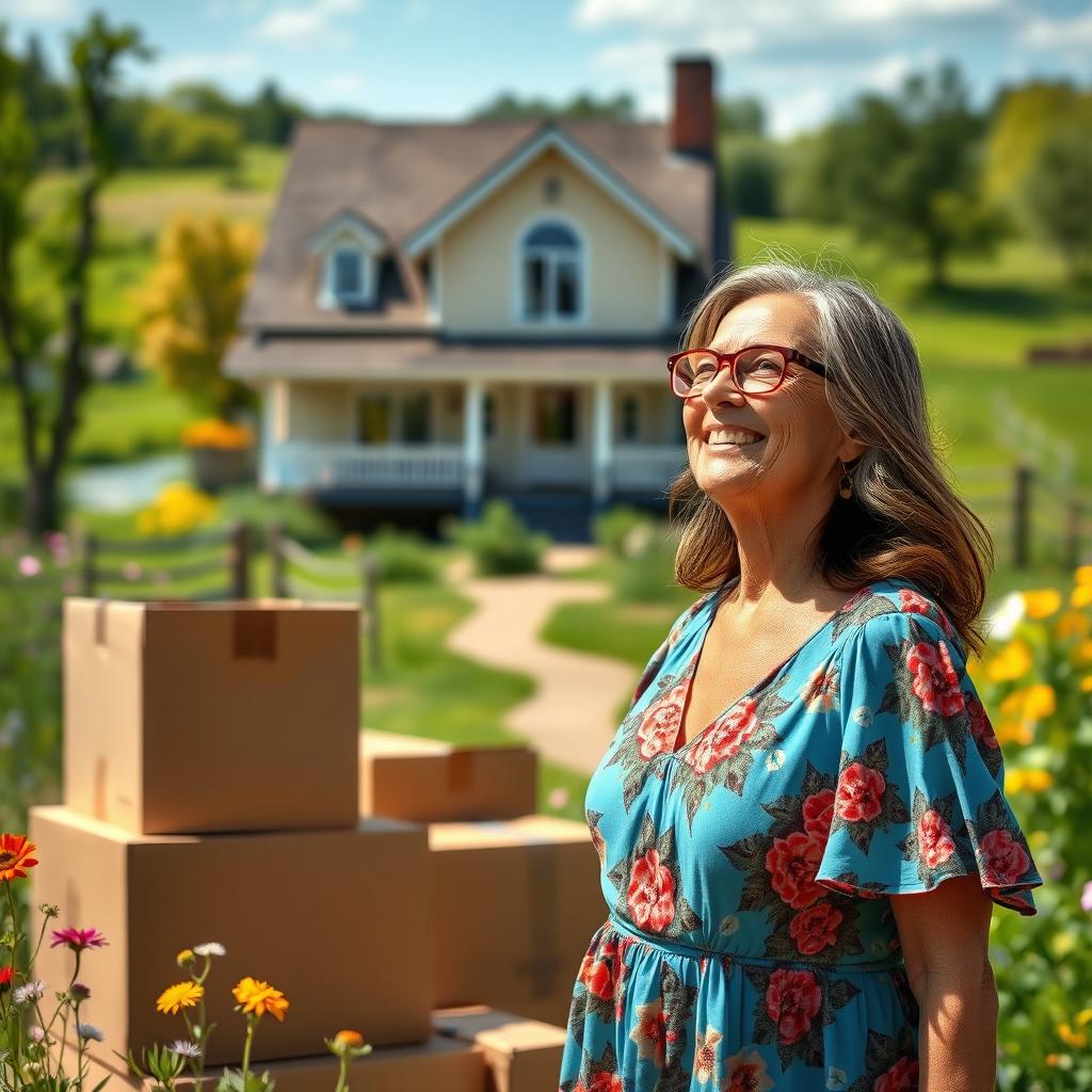 A joyful, older woman with long brown hair, brown skin, and glasses, gazing at her new house in a charming rural area