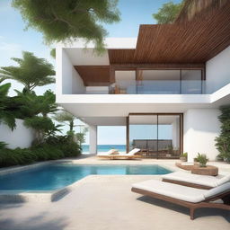 A terraced, beachfront villa with two floors, featuring a 60m2 living room on each floor and a relaxing rooftop space. Second floor adorned with a spacious balcony, an infinity pool, and a carport, with a garden occupying the remaining land on the first floor.