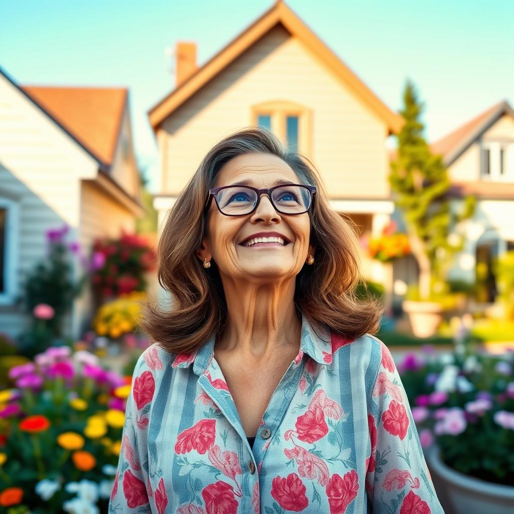 An older woman with brown skin, long hair, and glasses, standing in a quaint small town, looking with joy at her new house