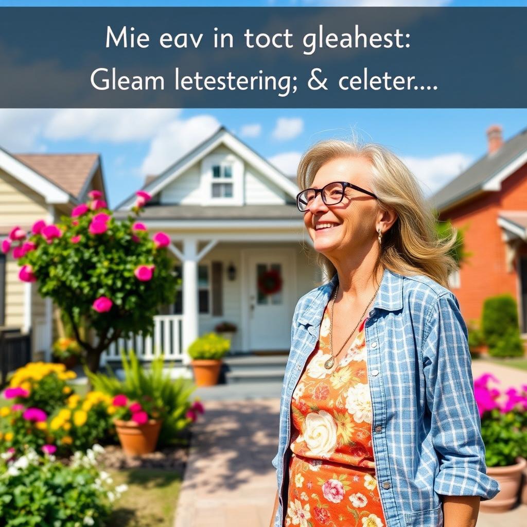 An older woman with tan skin, long hair, and glasses, standing in a beautiful small town, gazing with joy at her new house
