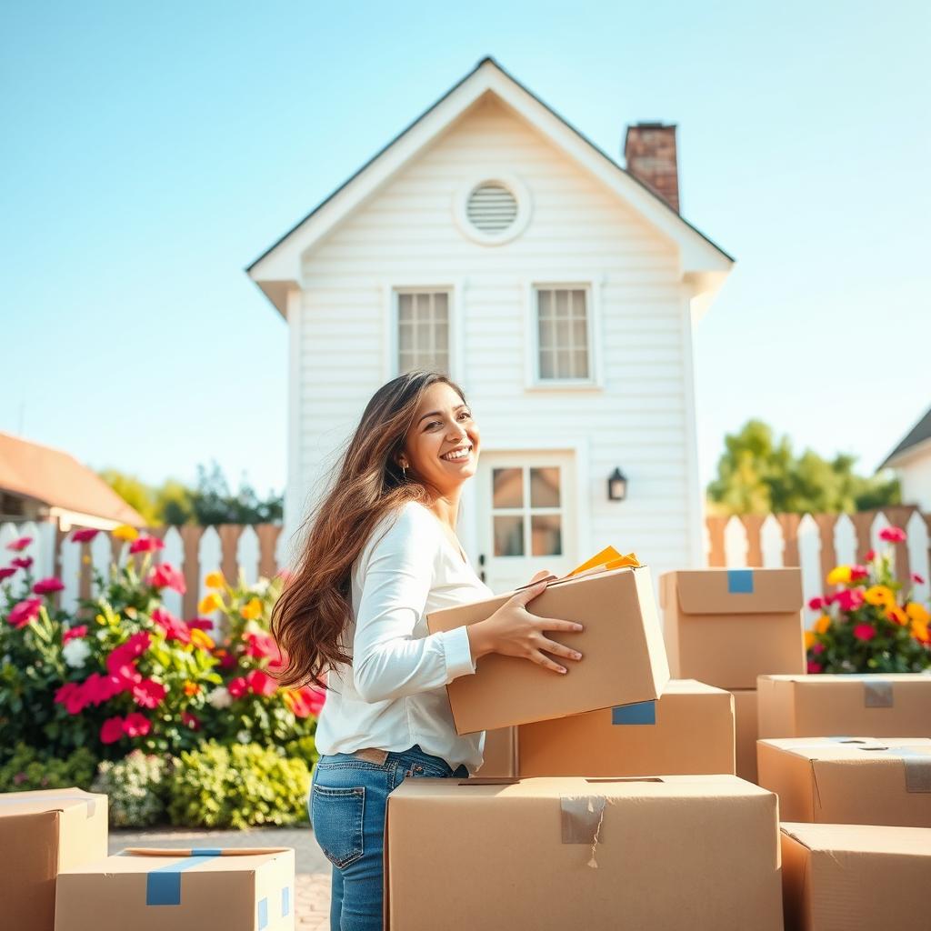 A scene of a woman with long hair, happily packing her belongings as she prepares to move into a charming house in a small town