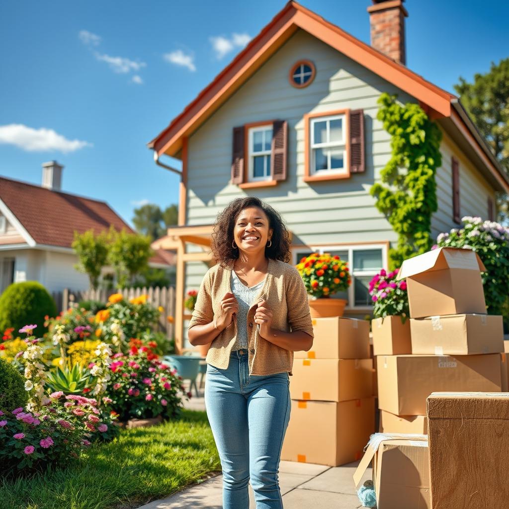 A vibrant scene of a woman joyfully packing her belongings as she prepares to move to another charming house in a small town