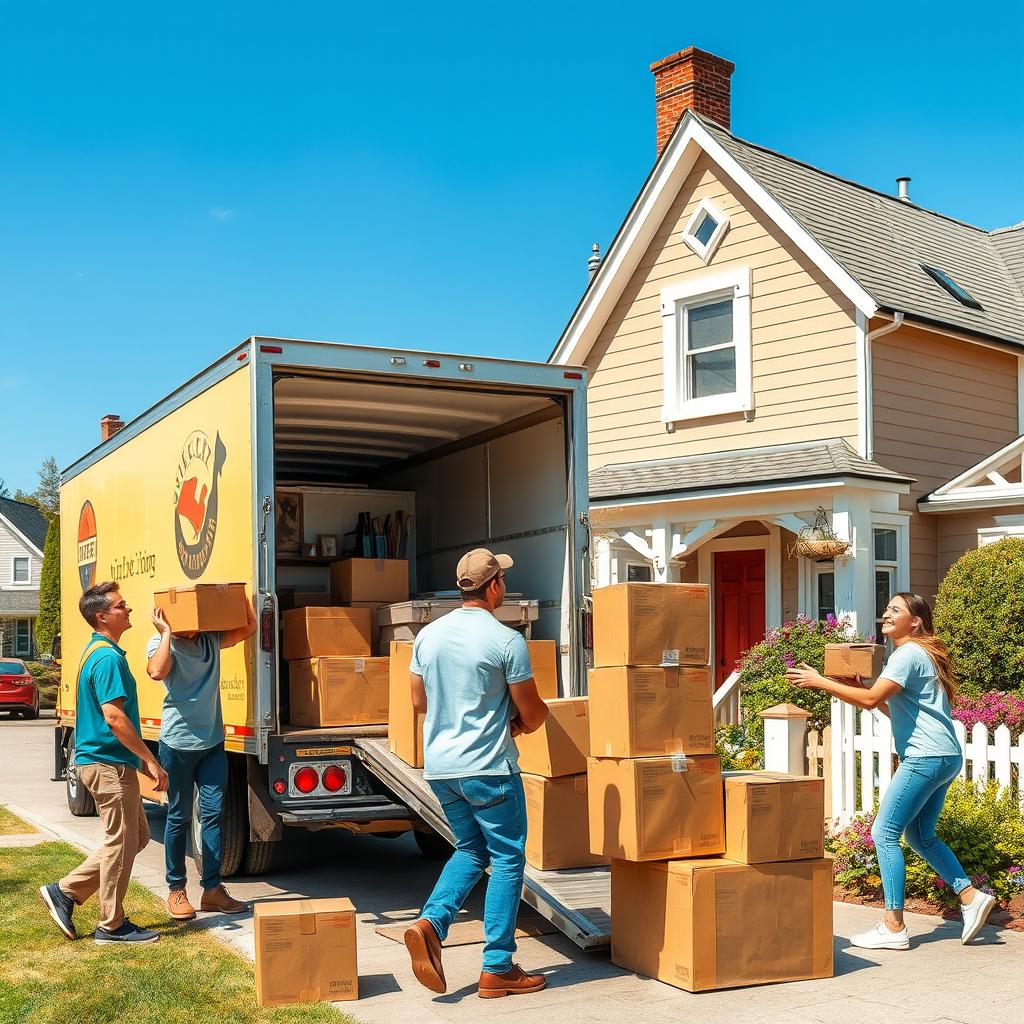 A bustling scene depicting a cheerful packing crew assisting with the move to a new house in a quaint small town