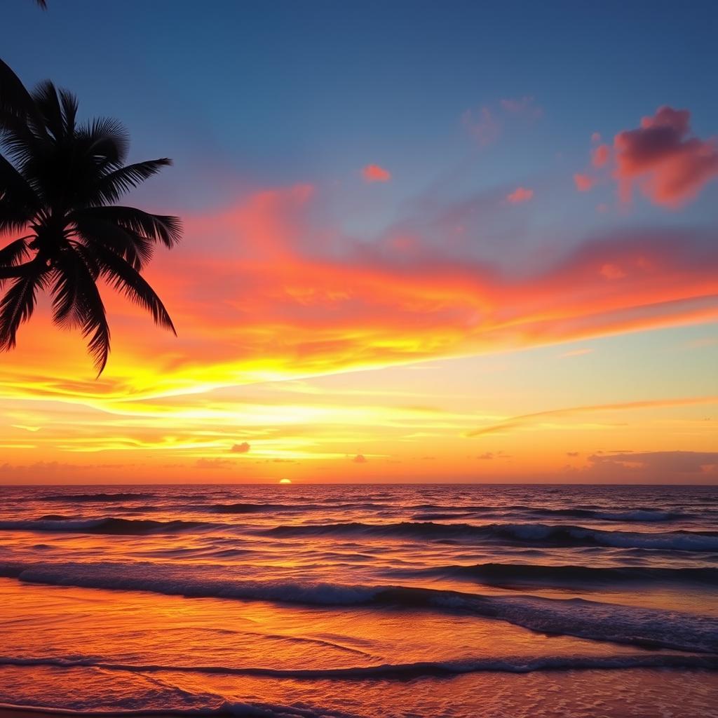 Create a vibrant and engaging video that showcases a beautiful sunset over a calm ocean, with gentle waves lapping at the shore