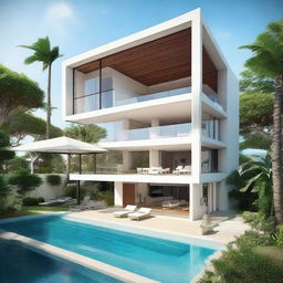 A beach view villa with stunning terraced contours across 2 floors. Each floor is 60m2, set on a 100m2 plot. Features include an infinity pool and carport on the 2nd floor, a living room on each floor, a 2nd floor balcony, and a rooftop relaxation spot.