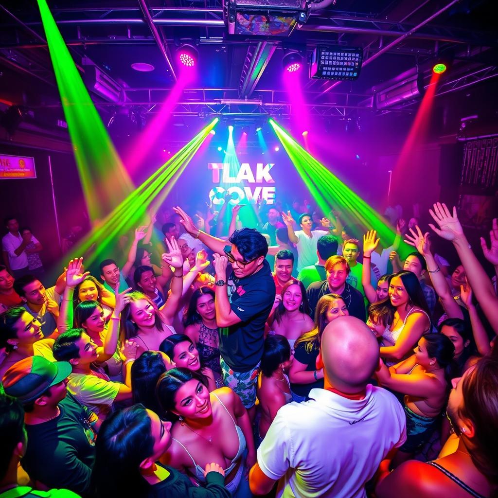 A vibrant neon-lit dance floor filled with energetic partygoers