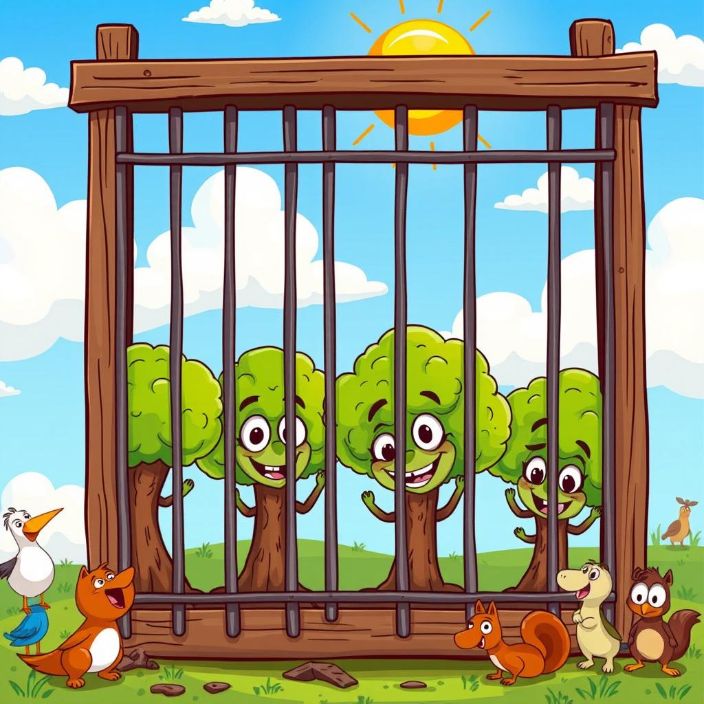A humorous and whimsical cartoon scene depicting small trees with faces and expressions, cleverly trying to escape from a cartoon-style prison