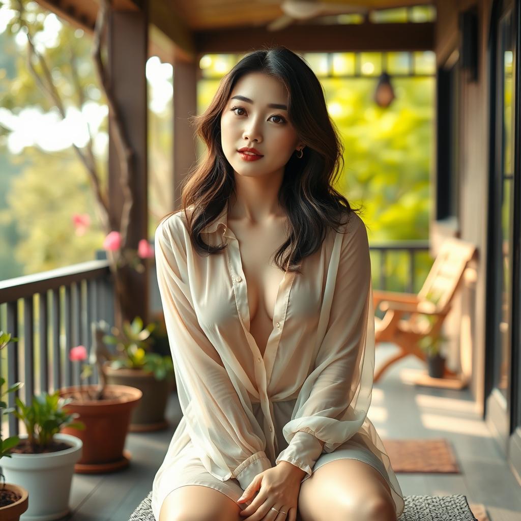 A full body portrait of a beautiful Korean woman sitting on a porch