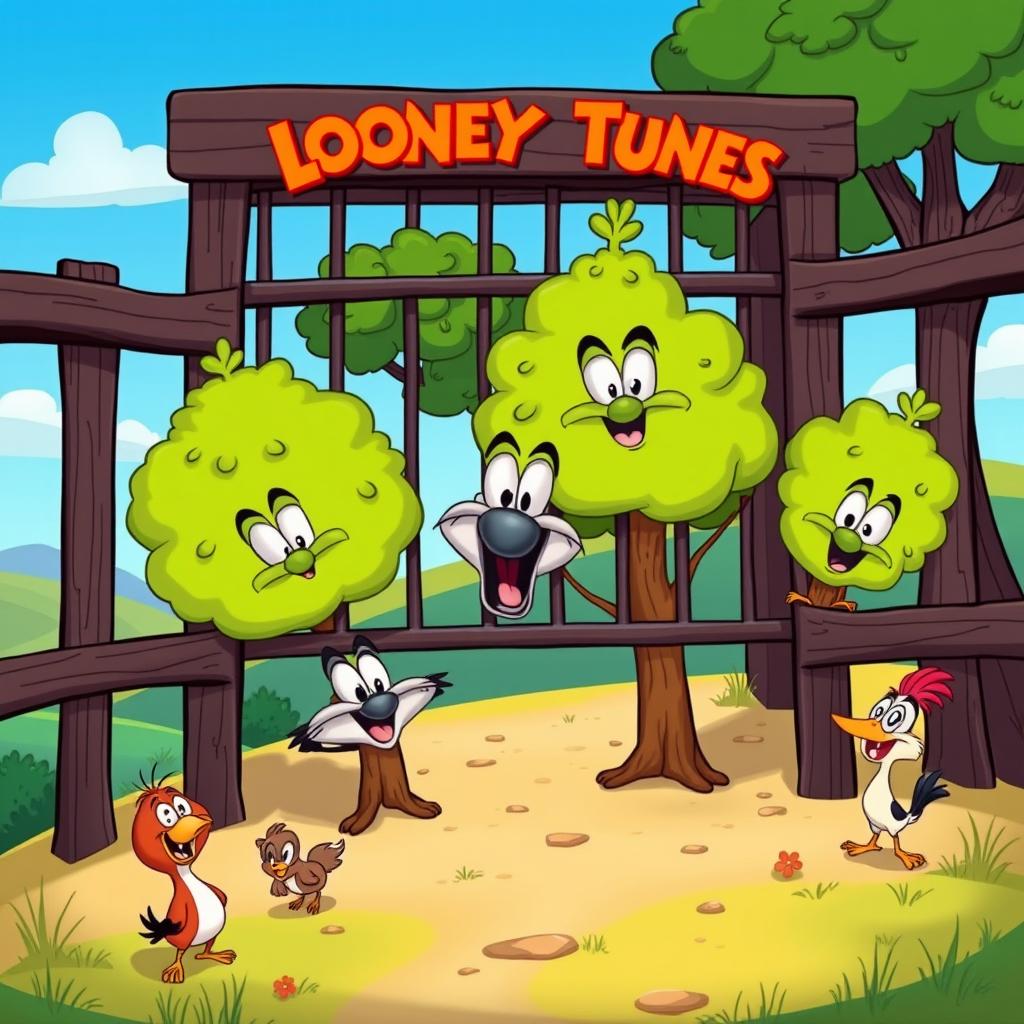 A whimsical and comedic scene featuring small trees with animated faces and personalities, styled in the classic Looney Tunes cartoon aesthetic
