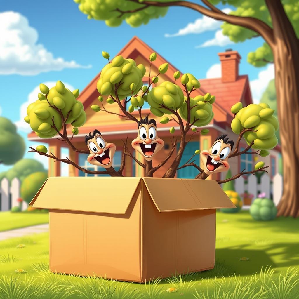 A playful and humorous scene in classic Looney Tunes cartoon style, featuring a few small bareroot trees with delightful, animated faces and lively expressions, dramatically escaping from a large cardboard shipping box placed in front of a charming house