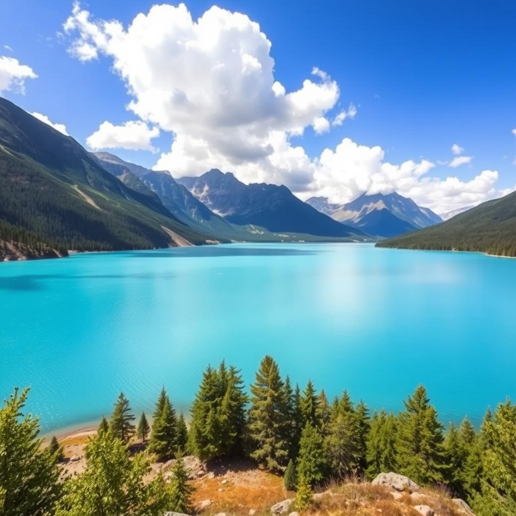 A beautiful landscape featuring a serene lake surrounded by mountains, with a clear blue sky and fluffy white clouds