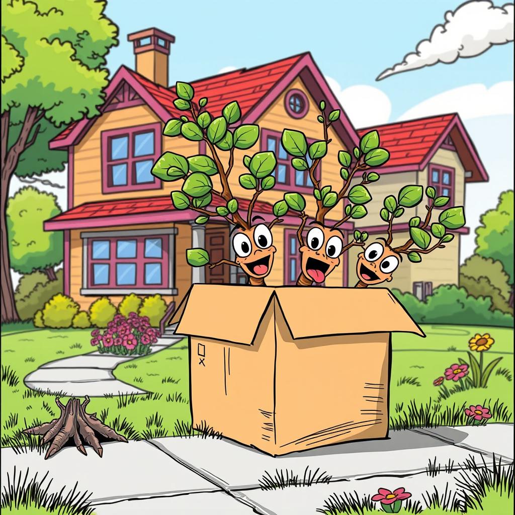 A vibrant comic book cartoon scene featuring a few small bareroot trees with adorable, animated faces and quirky expressions as they comically escape from a tall cardboard shipping box located in front of a charming house