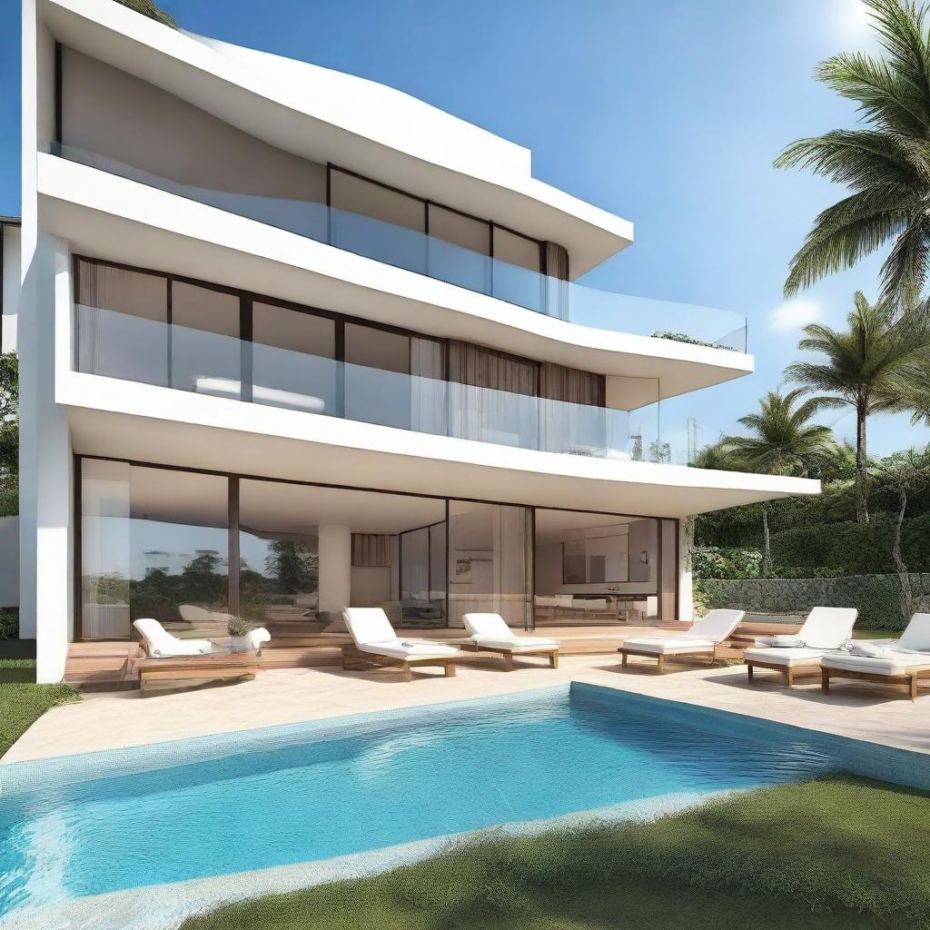 A beach view villa with stunning terraced contours across 2 floors. Each floor is 60m2, set on a 100m2 plot. Features include an infinity pool and carport on the 2nd floor, a living room on each floor, a 2nd floor balcony, and a rooftop relaxation spot.