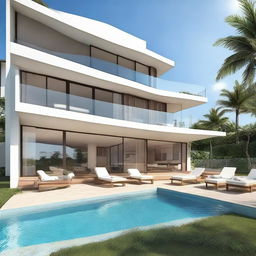 A beach view villa with stunning terraced contours across 2 floors. Each floor is 60m2, set on a 100m2 plot. Features include an infinity pool and carport on the 2nd floor, a living room on each floor, a 2nd floor balcony, and a rooftop relaxation spot.