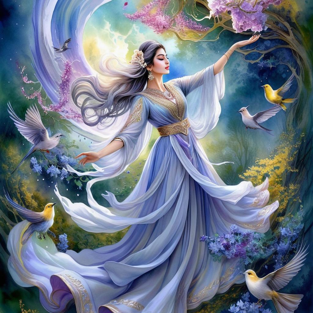 Mystical and spiritual watercolor painting of a beautiful Iranian woman in traditional dress suspended in the air in a swirl of multi-colored flowers, a maze of asymmetrical bonsai trees, a whirlwind of beautiful birds, and a forest of grapevines in a spectrum of green, yellow, and blue