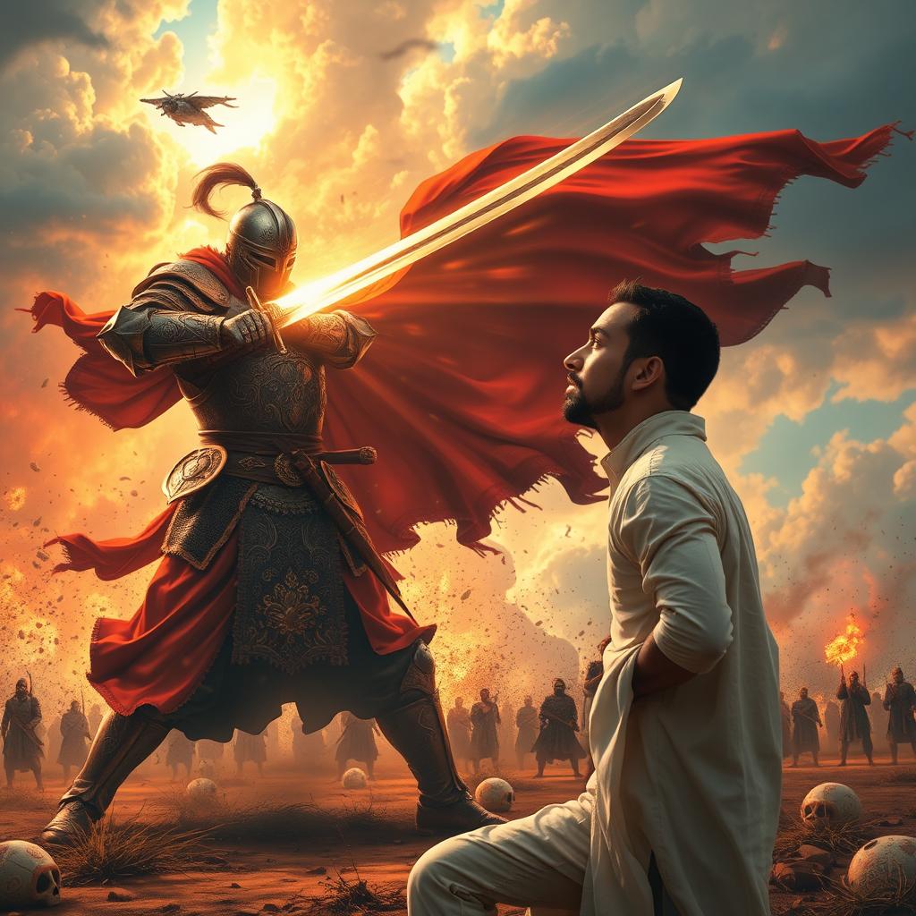 A powerful scene depicting a valiant warrior, clad in intricate armor, fiercely striking with a shining sword against a backdrop filled with dynamic energy
