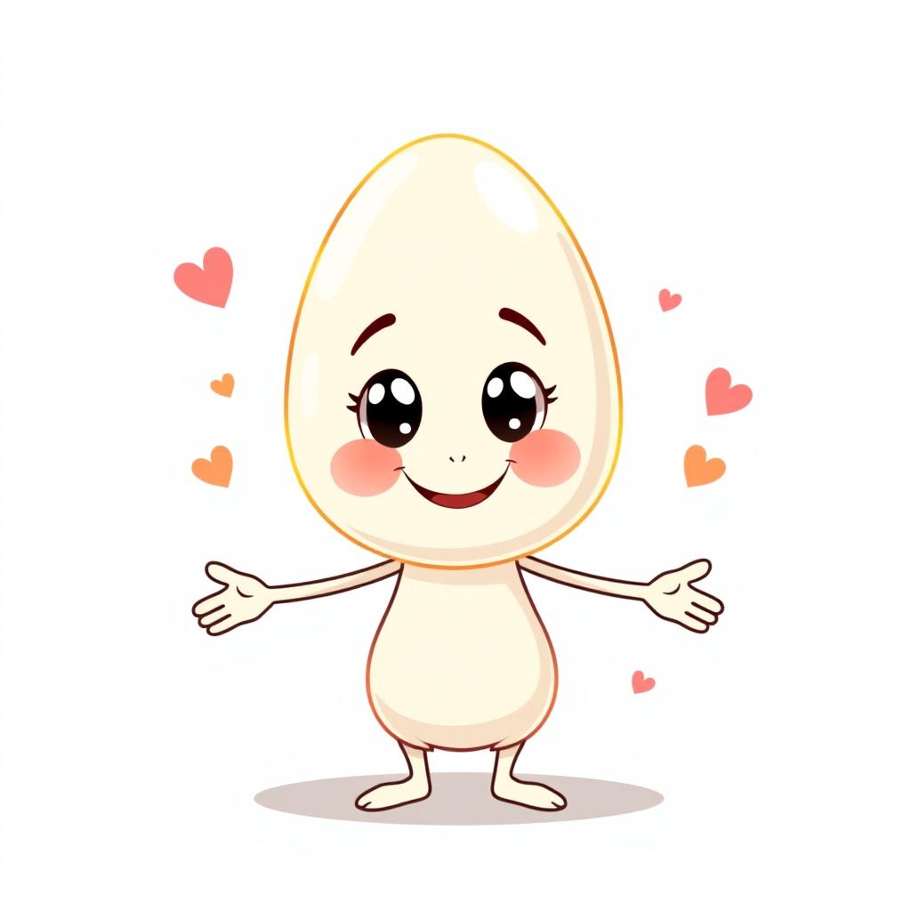 A whimsical character design featuring a bald figure with a smooth, shiny head resembling an egg